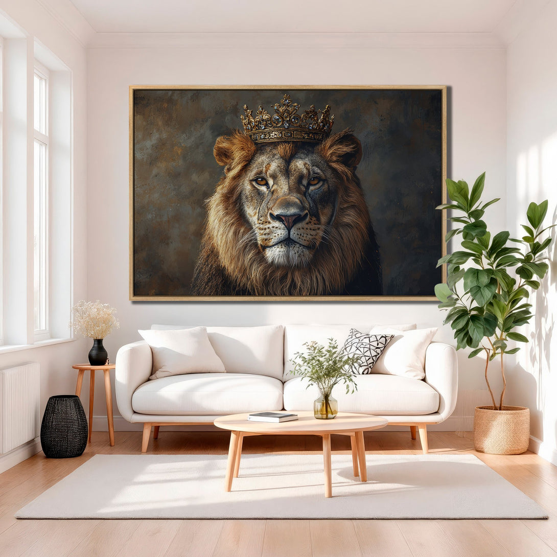 Framed Wall Art: Regal lion portrait in a neutral palette. Enhance your space with this stunning, modern Canvas Print. Shop now for elegant wall decor!