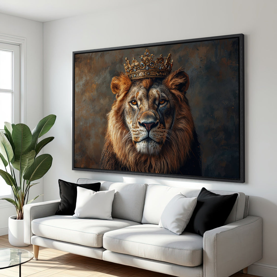 Framed Wall Art: Majestic lion portrait with a crown. Stunning artwork in warm brown tones. Perfect for living room decor.