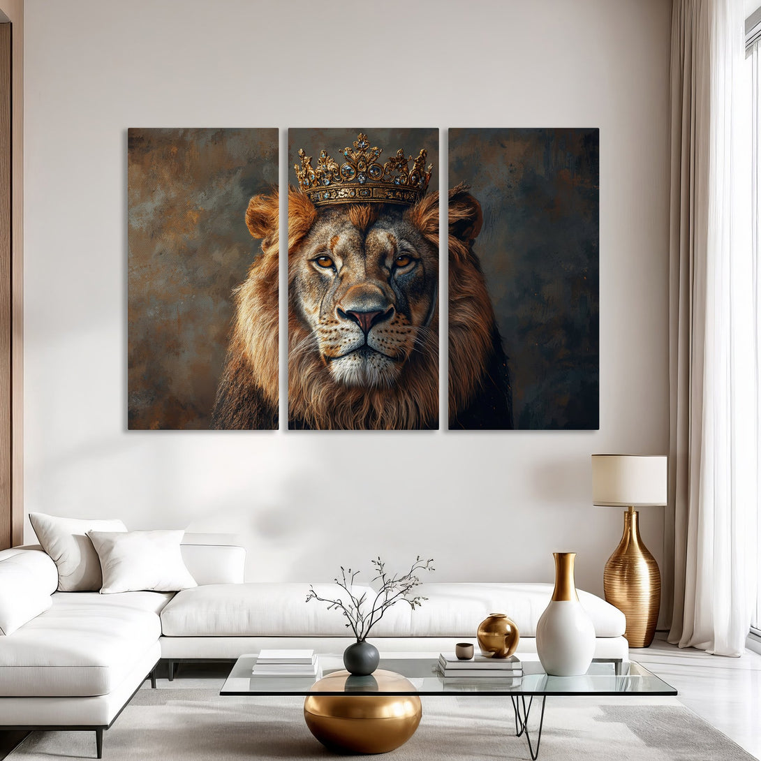 Canvas Print of a regal lion wearing a crown. Dramatic, painterly style with warm brown and gold tones. Perfect for adding a touch of luxury.