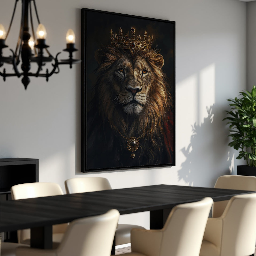 Framed Wall Art featuring a regal lion with a crown. Dark, dramatic color palette complements any interior. Elevate your space with this stunning Canvas Print.