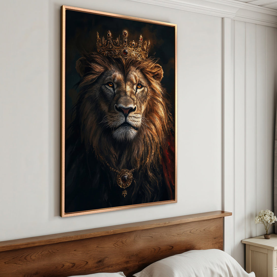 Framed Wall Art: Majestic lion portrait with crown. Rich gold, brown, and black color palette. Perfect for adding a touch of regal elegance to your home.
