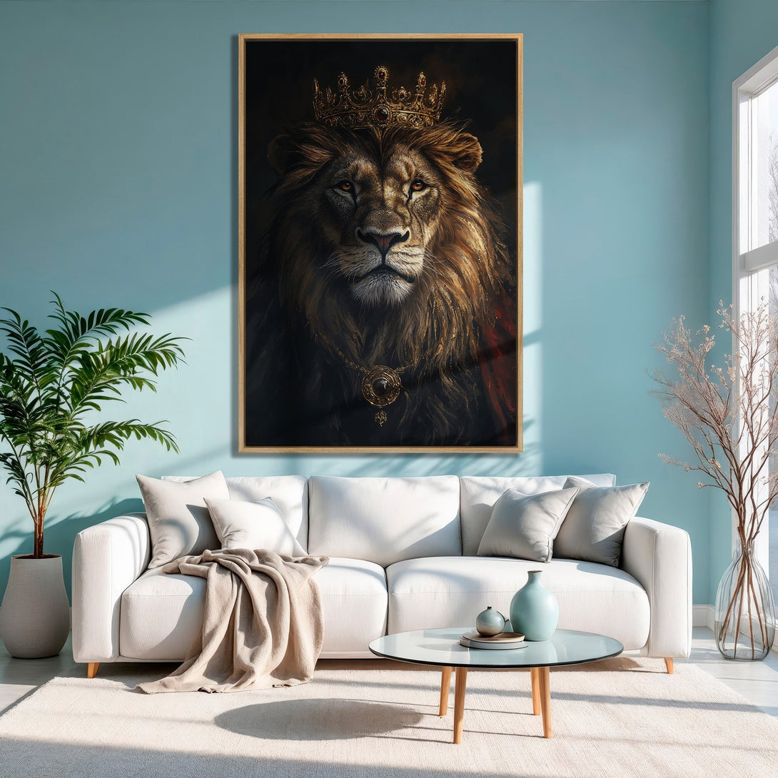 Framed Wall Art: Majestic lion portrait with crown. Rich brown and gold tones on a dark background. Perfect for adding a touch of regal style to your home.