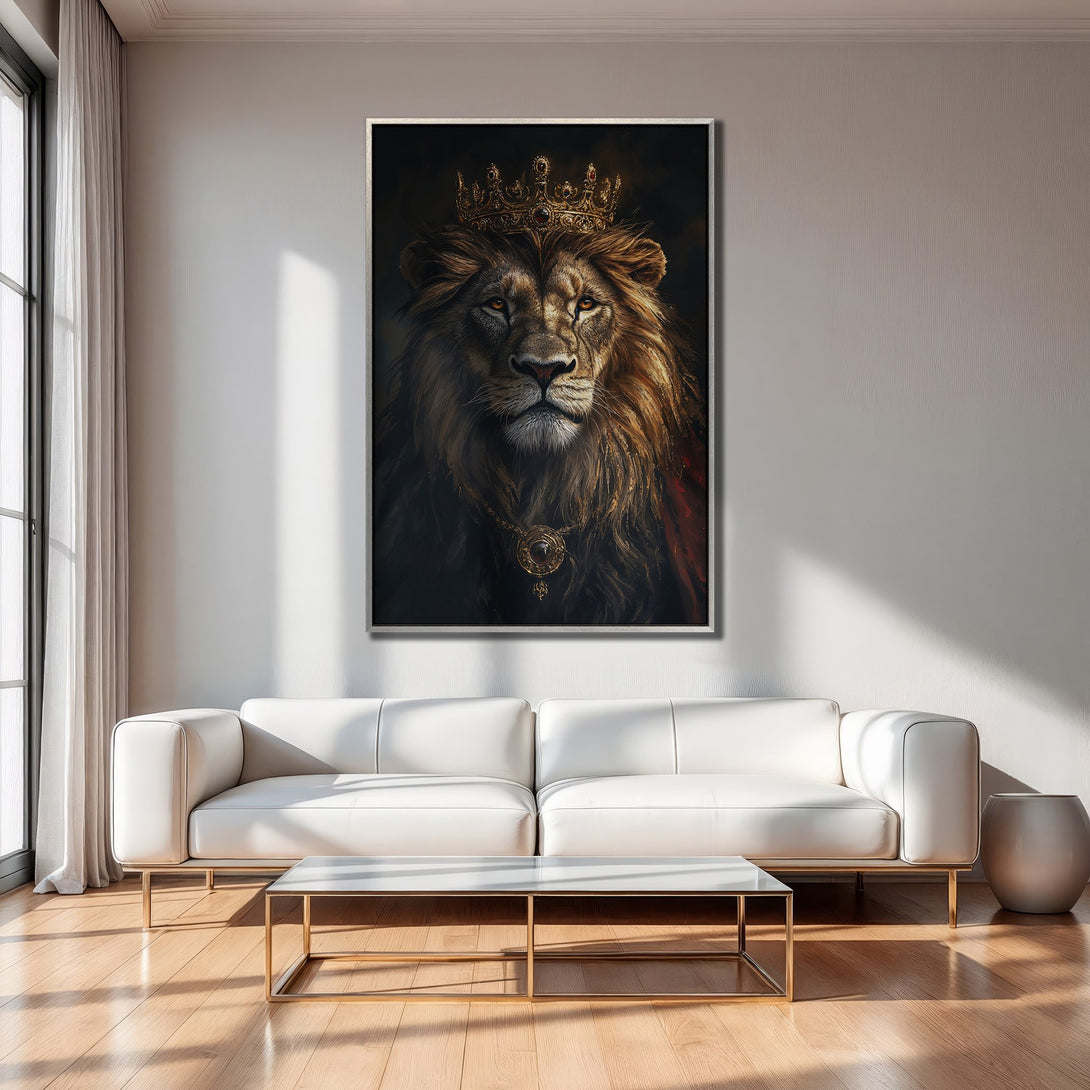 Framed Wall Art: Majestic lion portrait in a regal gold and brown color palette. Perfect for adding a touch of luxury to your home decor.
