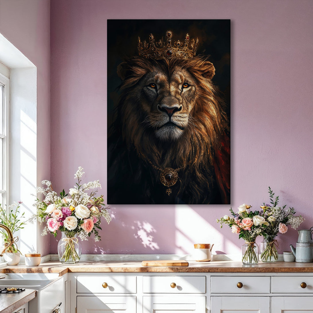 Framed Wall Art: Majestic lion portrait in gold frame, rich brown and gold tones. Regal art for living room decor.