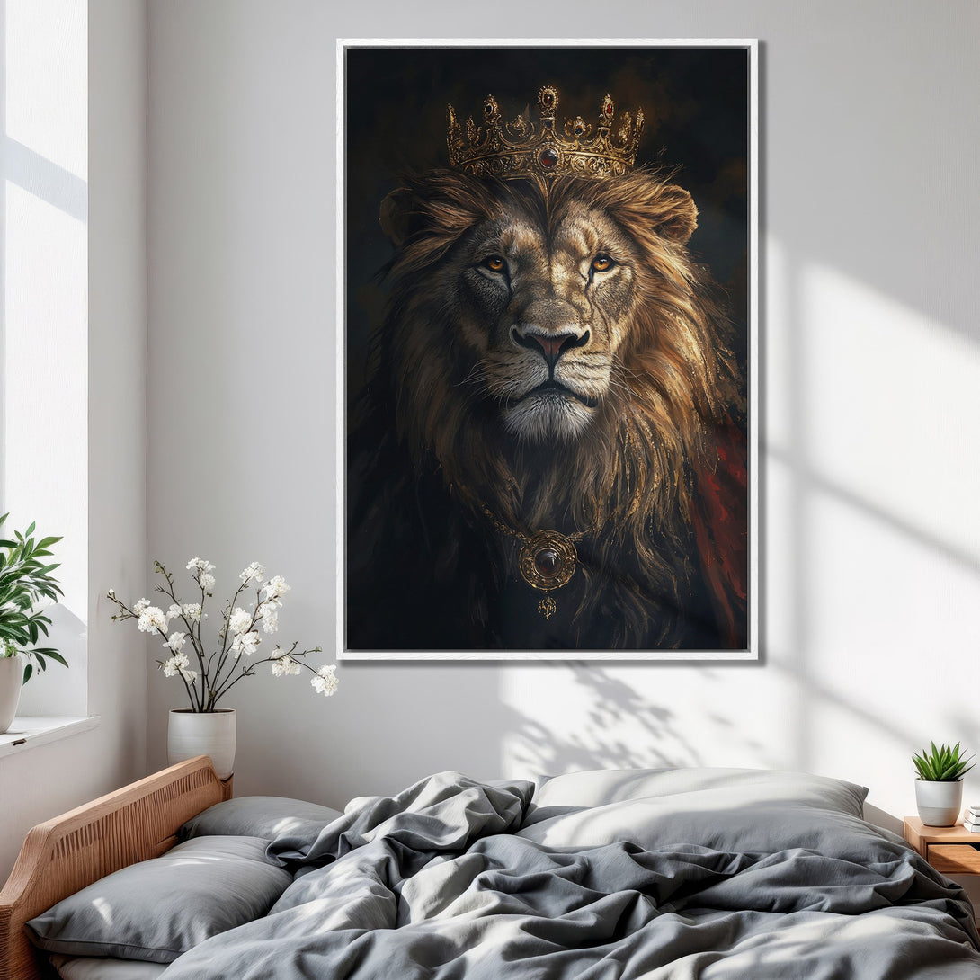 Framed Wall Art featuring a regal lion in a gold crown, rich brown tones, and a dark background. Perfect for adding a touch of luxury to your space.