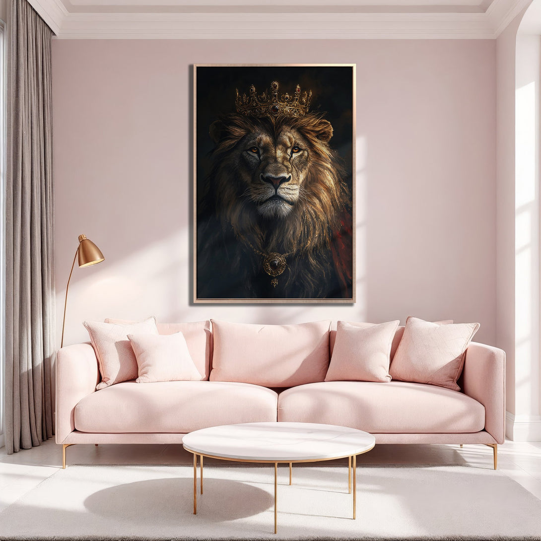 Framed Wall Art featuring a regal lion with a crown, displayed in a modern interior. Warm color palette with pink and gold accents. Add a touch of royalty to your space!