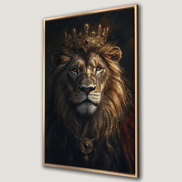 Framed Wall Art: Majestic lion portrait with crown. Regal artwork in warm gold and brown tones. Elevate your space with this stunning canvas print!