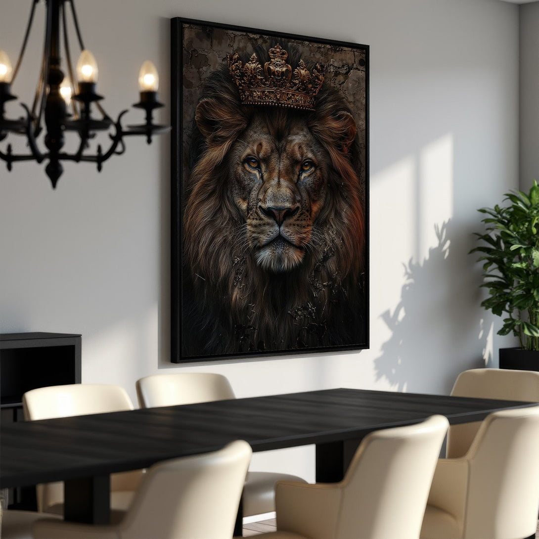 Framed Wall Art: Majestic lion portrait with a crown. Rich brown and gold tones. Perfect for adding a touch of regal elegance to your home decor.