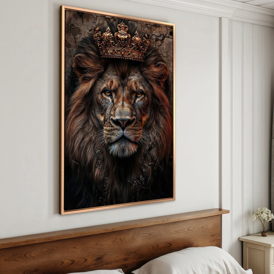 Framed Wall Art: Majestic lion portrait with golden crown. Rich brown and gold tones create a regal and stylish canvas print for any room.