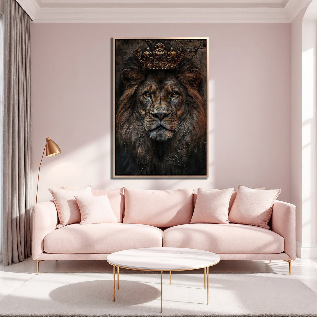Framed Wall Art: Majestic lion portrait with crown in warm brown tones. Modern decor with a blush pink interior. Elevate your space with this stunning canvas print.
