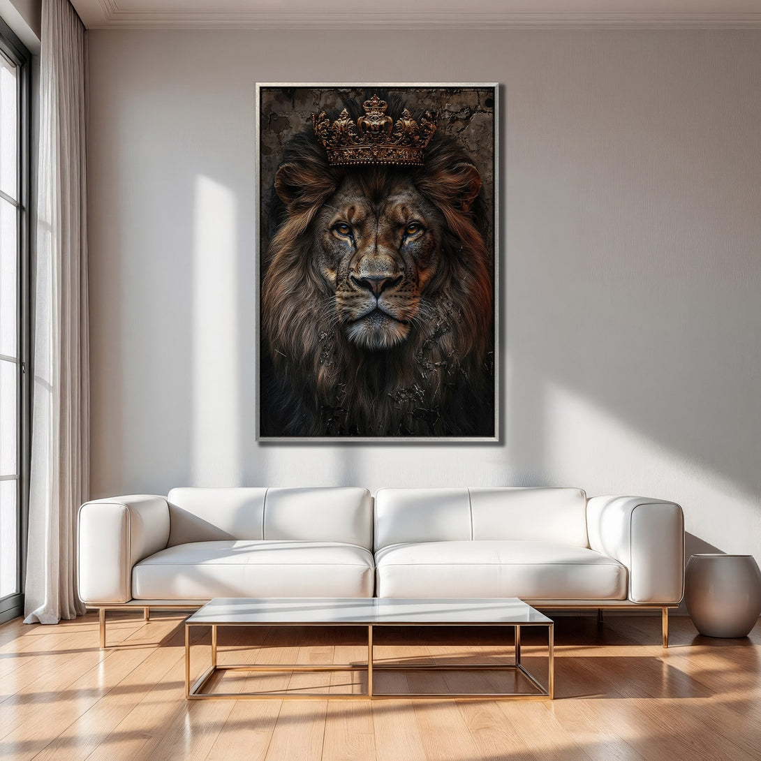 Framed Wall Art: Regal lion portrait with crown, dark, earthy tones. Adds a touch of luxury to any interior. Perfect for modern decor.