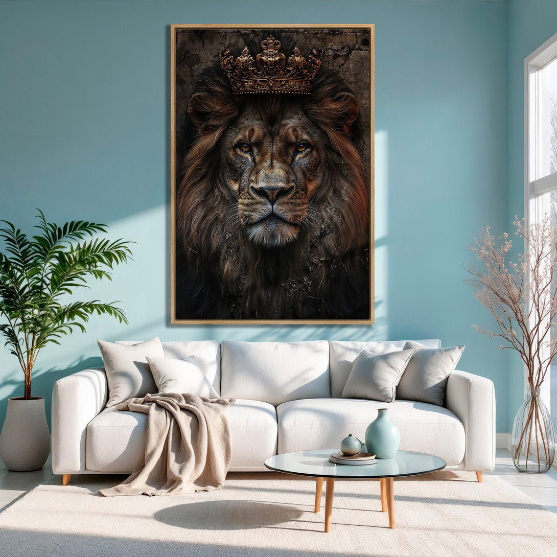 Framed Wall Art: Majestic lion with crown, dramatic style, warm brown tones on a teal wall. Elevate your space with this powerful Canvas Print.