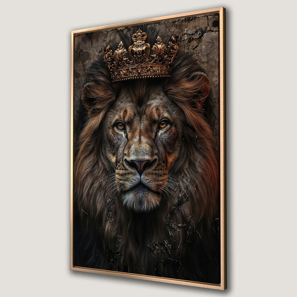 Framed Wall Art featuring a majestic lion wearing a crown. Rich brown and gold color palette. Perfect for adding a touch of royalty to your home decor.