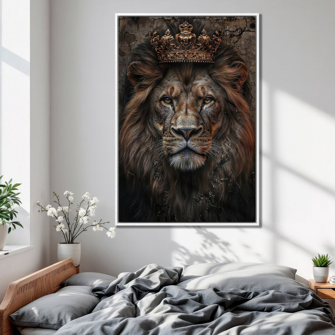 Framed Wall Art: Majestic lion portrait with a golden crown. Earthy tones and dramatic lighting create a regal and stylish canvas print for your home decor.