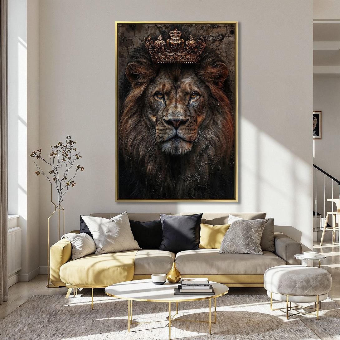 Canvas Print of a majestic lion wearing a crown. Warm brown and gold tones, dramatic style. Perfect wall art for a bold statement.