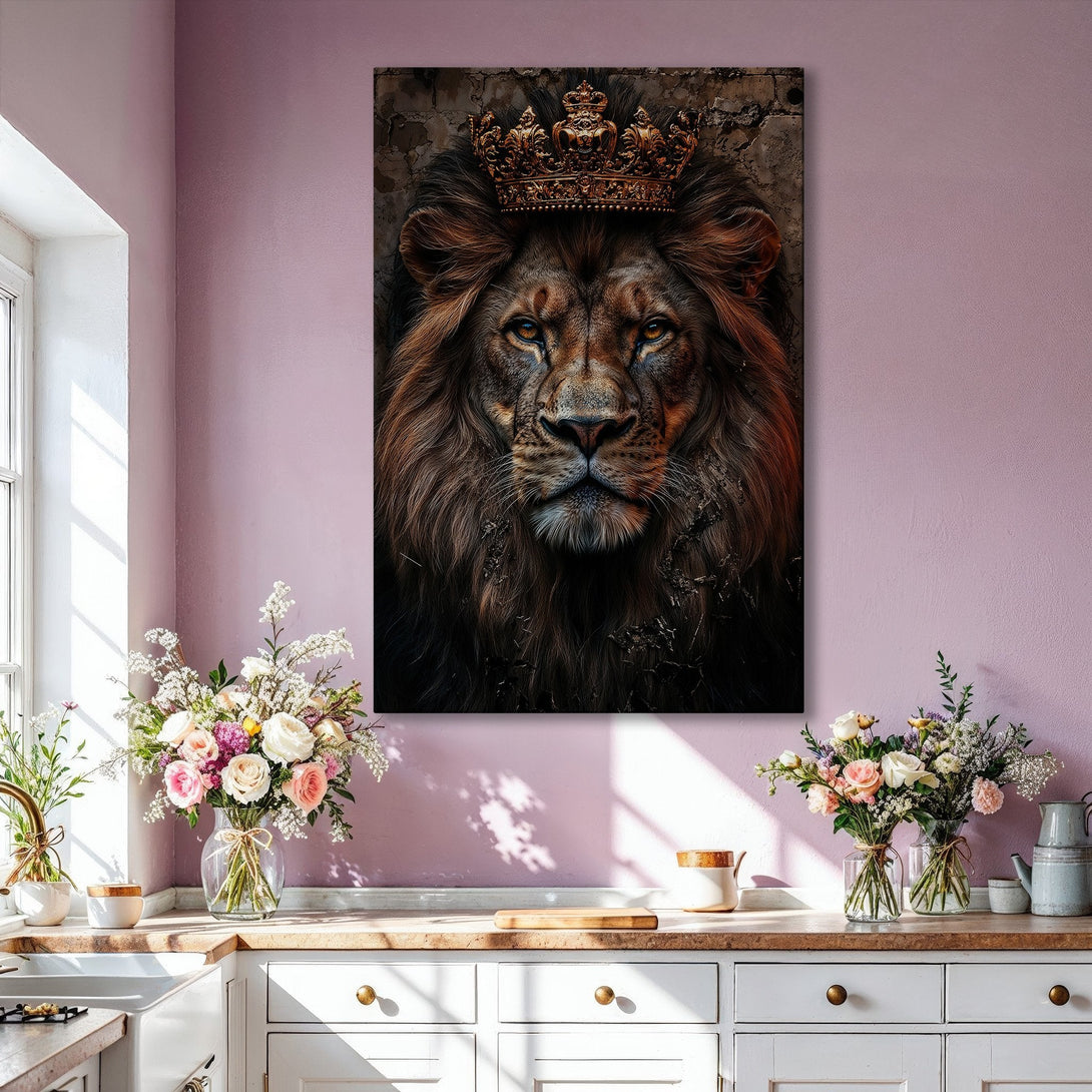 Framed Wall Art: Majestic lion with crown. Earthy tones and gold frame create a regal, modern look. Perfect statement piece for any interior.