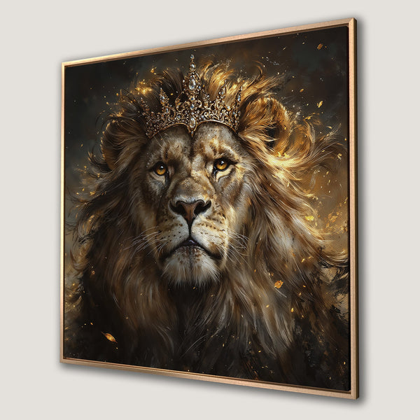 Framed Wall Art: Majestic lion portrait with crown, rich brown and gold tones, perfect for adding regal style to your home decor.
