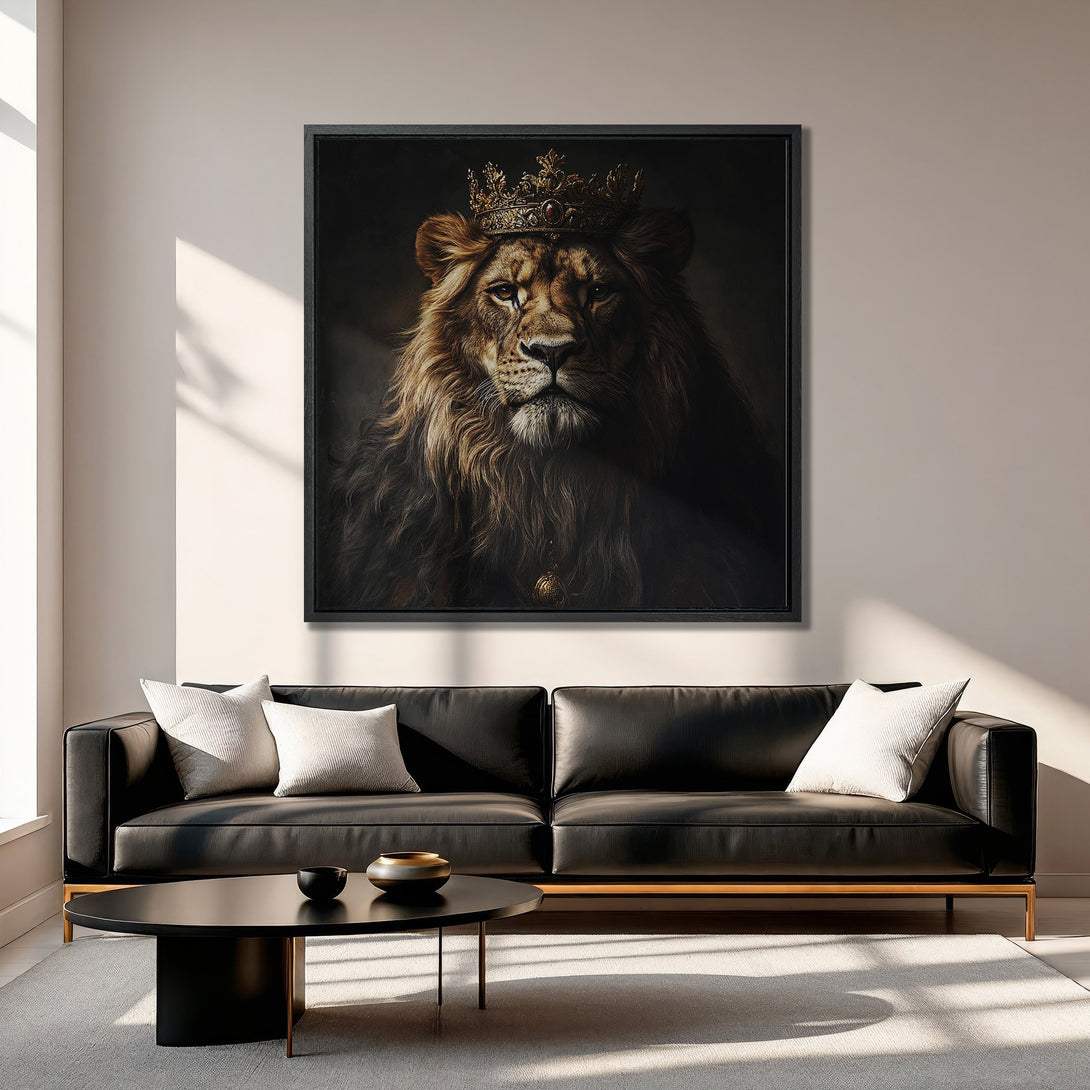 Framed Wall Art: Majestic lion portrait with crown. Dramatic, regal style in warm brown and gold tones. Perfect for adding a touch of luxury to your space.