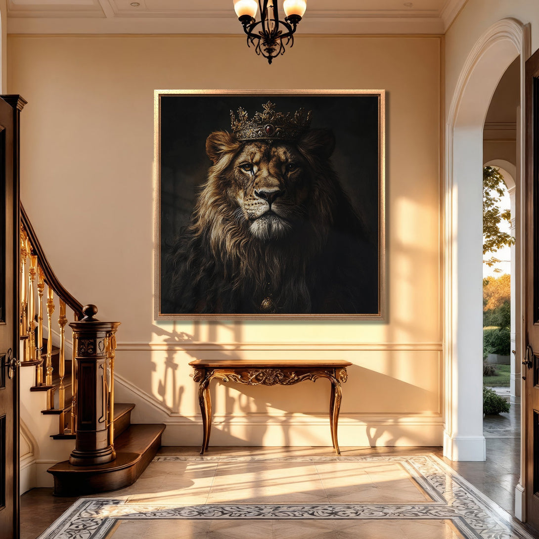 Framed Wall Art: Majestic lion portrait with crown. Warm, earthy tones in a luxurious interior setting. Elevate your space with this regal Canvas Print.