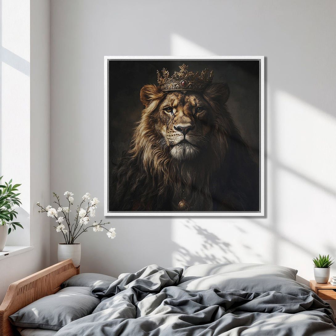Framed Wall Art: Majestic lion portrait with a crown in warm brown tones. Perfect for bedroom decor. Luxurious canvas print.