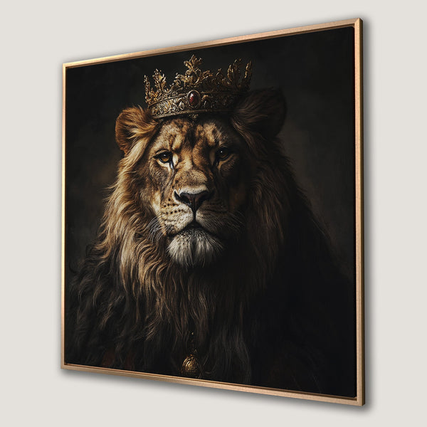 Framed Wall Art of a majestic lion wearing a crown, showcasing a regal and powerful presence. Dark, moody color palette with gold accents. Perfect for home decor.