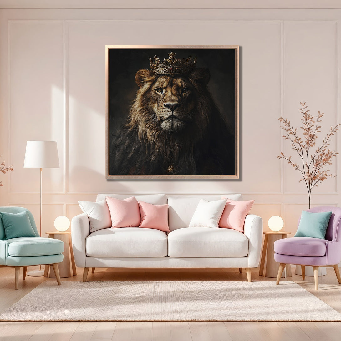 Framed Wall Art featuring a regal lion with a crown, displayed in a modern interior. Warm, neutral color palette with a touch of pastel accents.