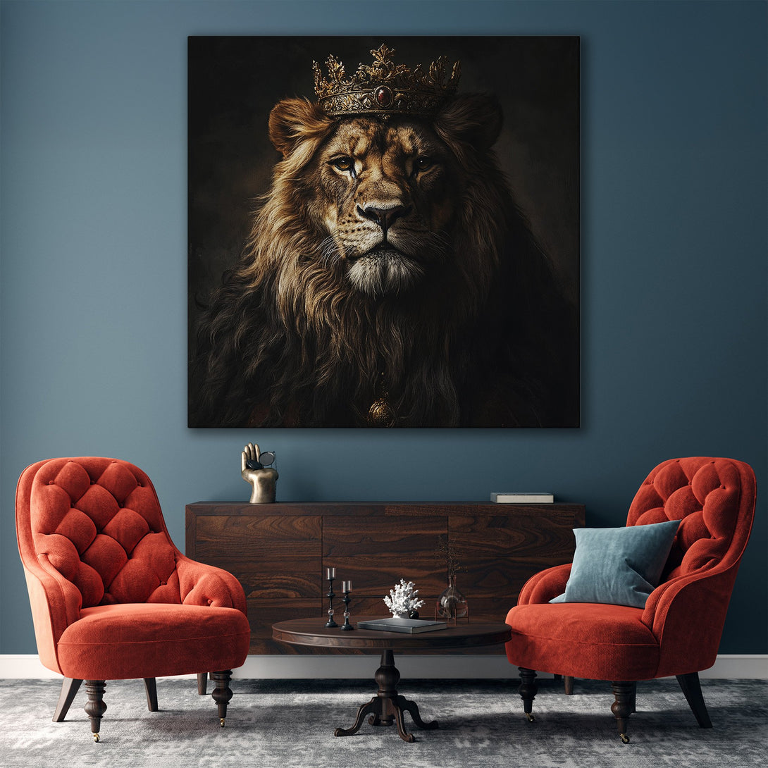 Framed Wall Art: Majestic lion portrait with crown, warm brown and gold tones. Perfect for adding a touch of regal elegance to your home decor.