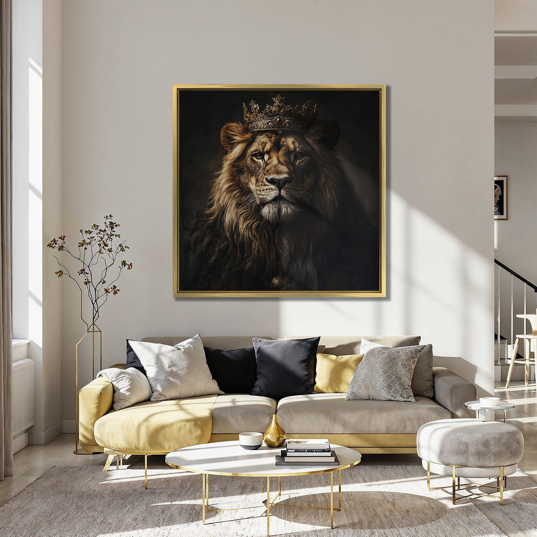 Canvas Print of a regal lion wearing a crown, displayed in a stylish interior. Warm, earthy tones with a touch of gold and deep blue.