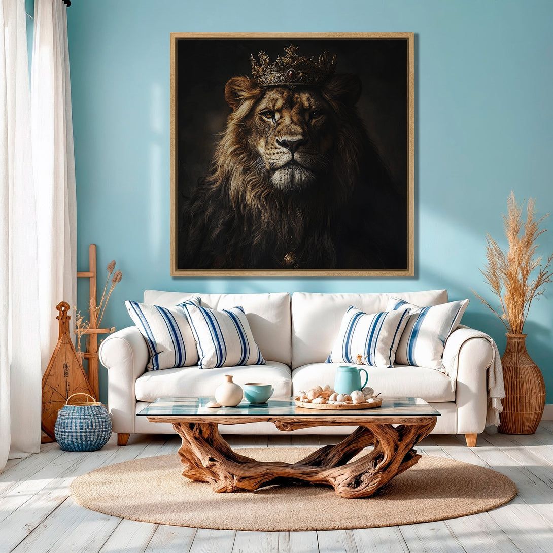 Framed Wall Art featuring a regal lion with a crown, displayed in a stylish interior. Warm brown tones against a cool blue backdrop. Perfect for home decor.