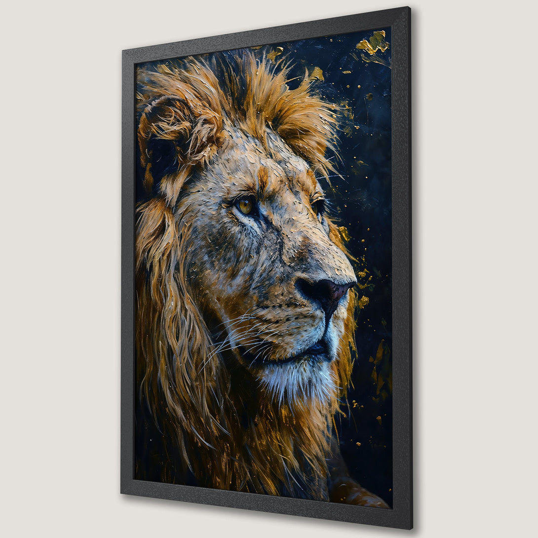 Framed Poster featuring a majestic lion. Artistic style with warm gold and blue color palette. Perfect wall art decor.