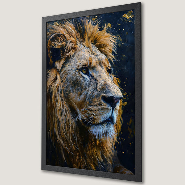 Framed Poster featuring a majestic lion. Artistic style with warm gold and blue color palette. Perfect wall art decor.