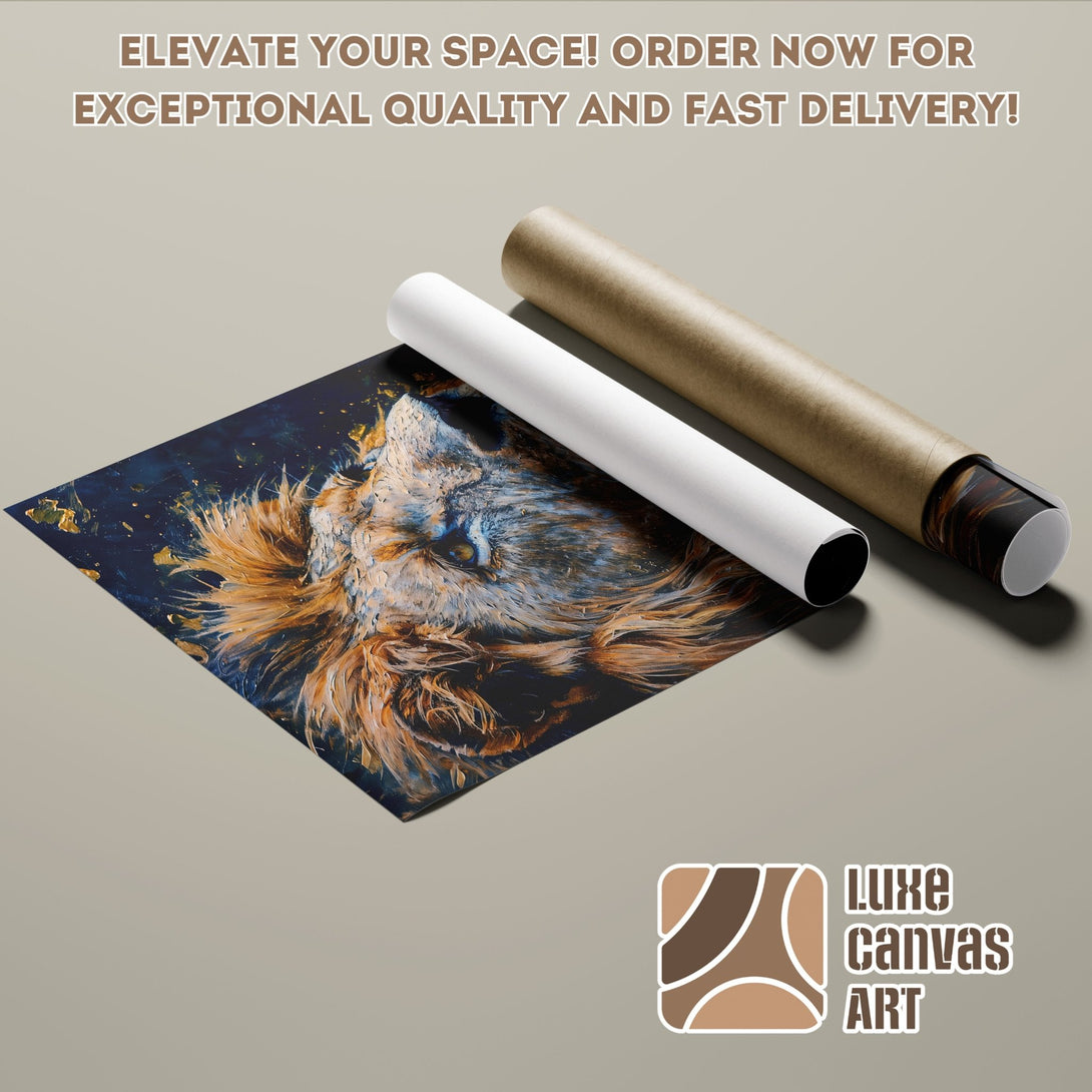Lion Poster Roll, oil painting style, featuring a bold blue and gold color palette. Order now for fast delivery!