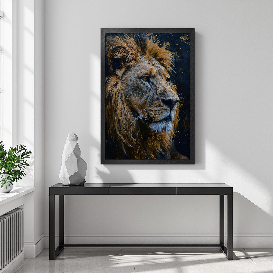Framed Poster of a majestic lion in warm tones. Perfect wall art to elevate your home decor.