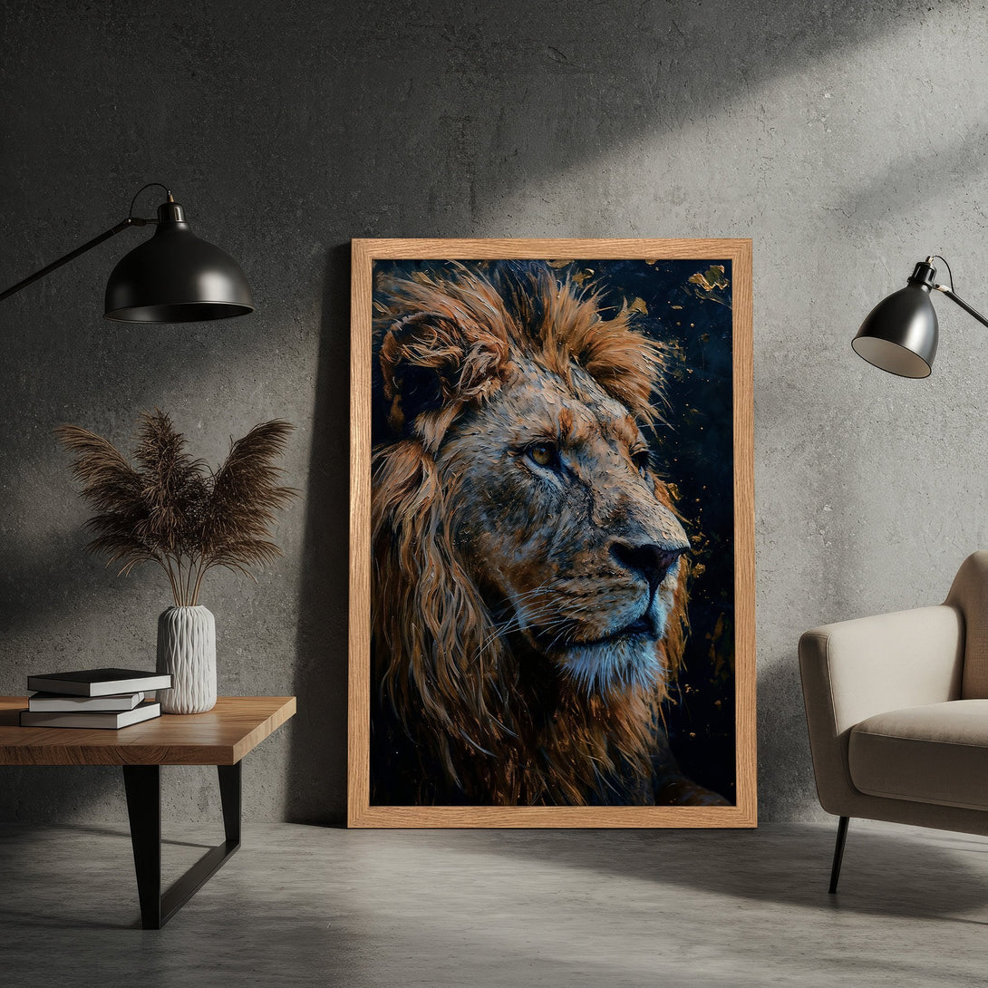 Framed Poster of a majestic lion in warm tones. Artistic style with a dark, moody background. Perfect wall art for your home!