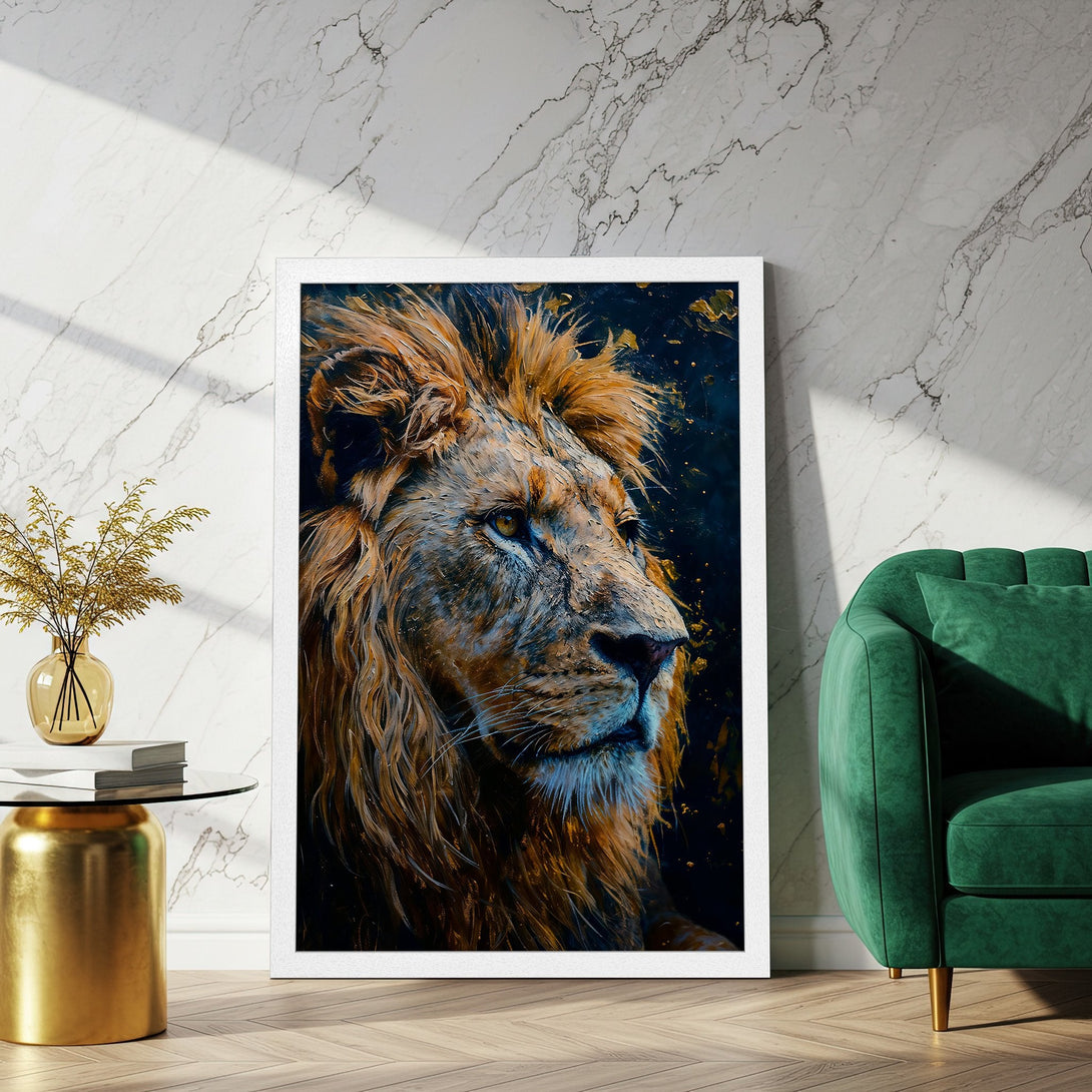 Framed Poster of a majestic lion, painted in a textured, artistic style with warm gold and deep blue tones. Perfect wall art!