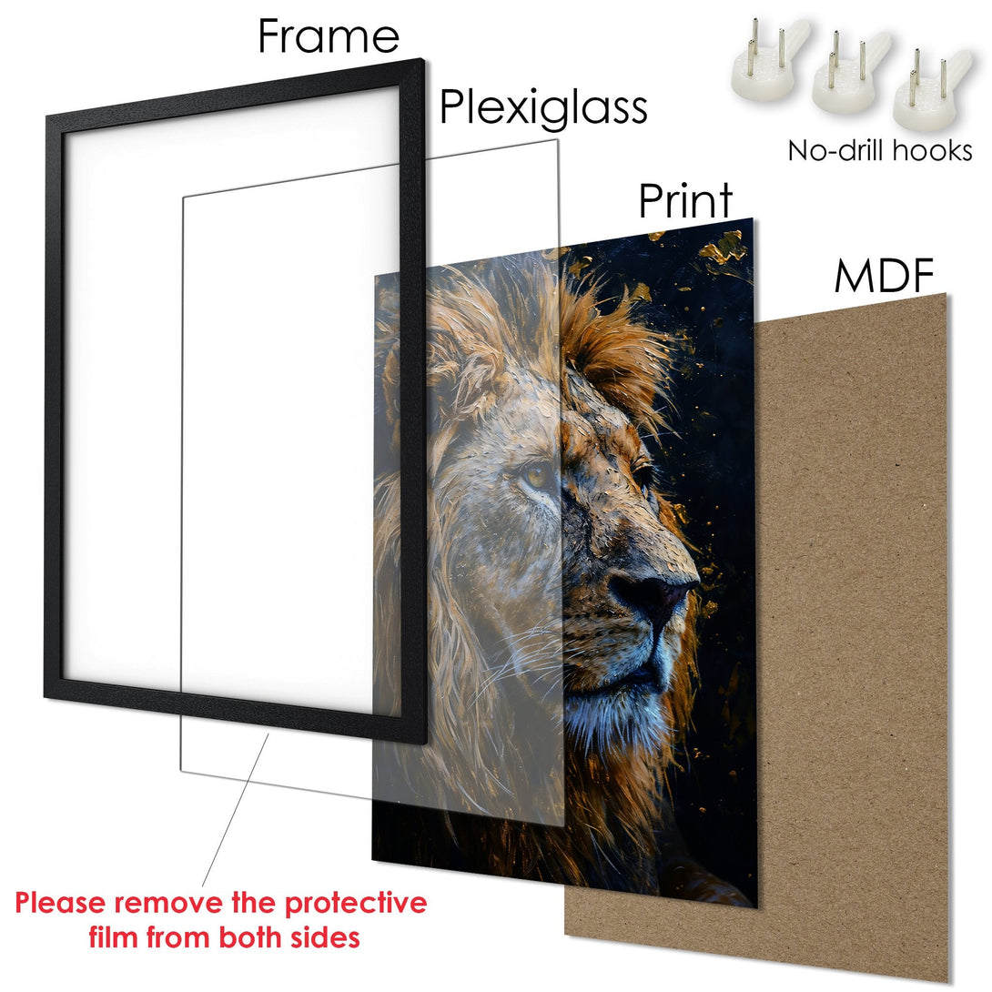 Framed Poster of a majestic lion, artistic style with gold, brown, and black color palette. Ready to hang art!