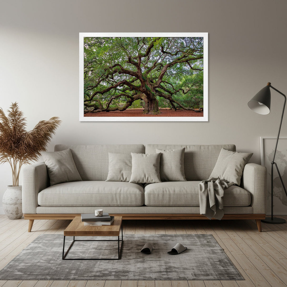 Framed Poster of majestic tree with green leaves and brown branches. Nature-inspired art in a neutral color palette. Perfect home decor.