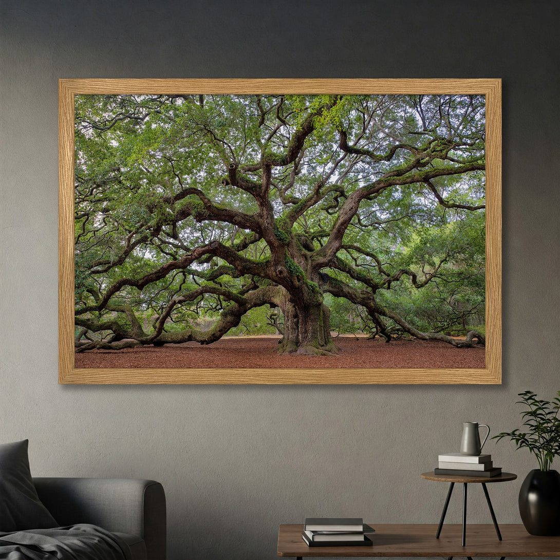 Framed Poster of majestic tree with green foliage, brown branches & earth tones. Nature-inspired art for your home.