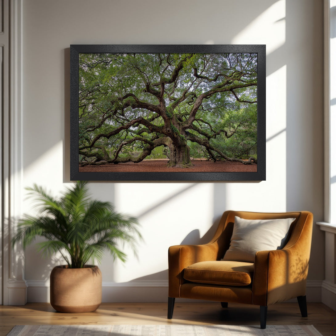 Framed Poster of majestic tree in nature, earthy tones. Perfect wall art for a cozy living room.