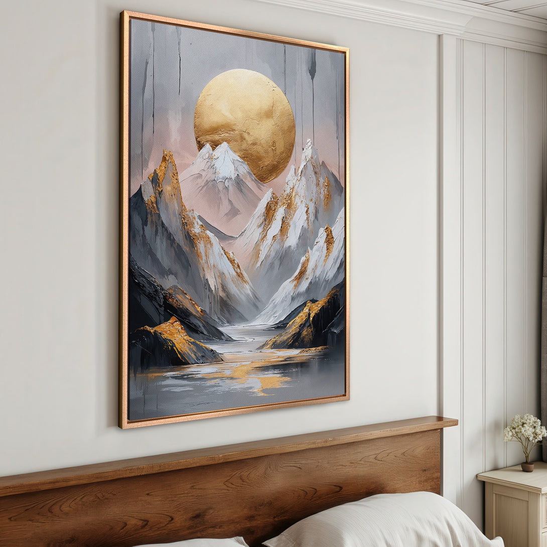 Framed Wall Art featuring a gold sun and mountain landscape. Modern abstract style with gray, gold, and blush pink color palette. Add a touch of elegance to your space!