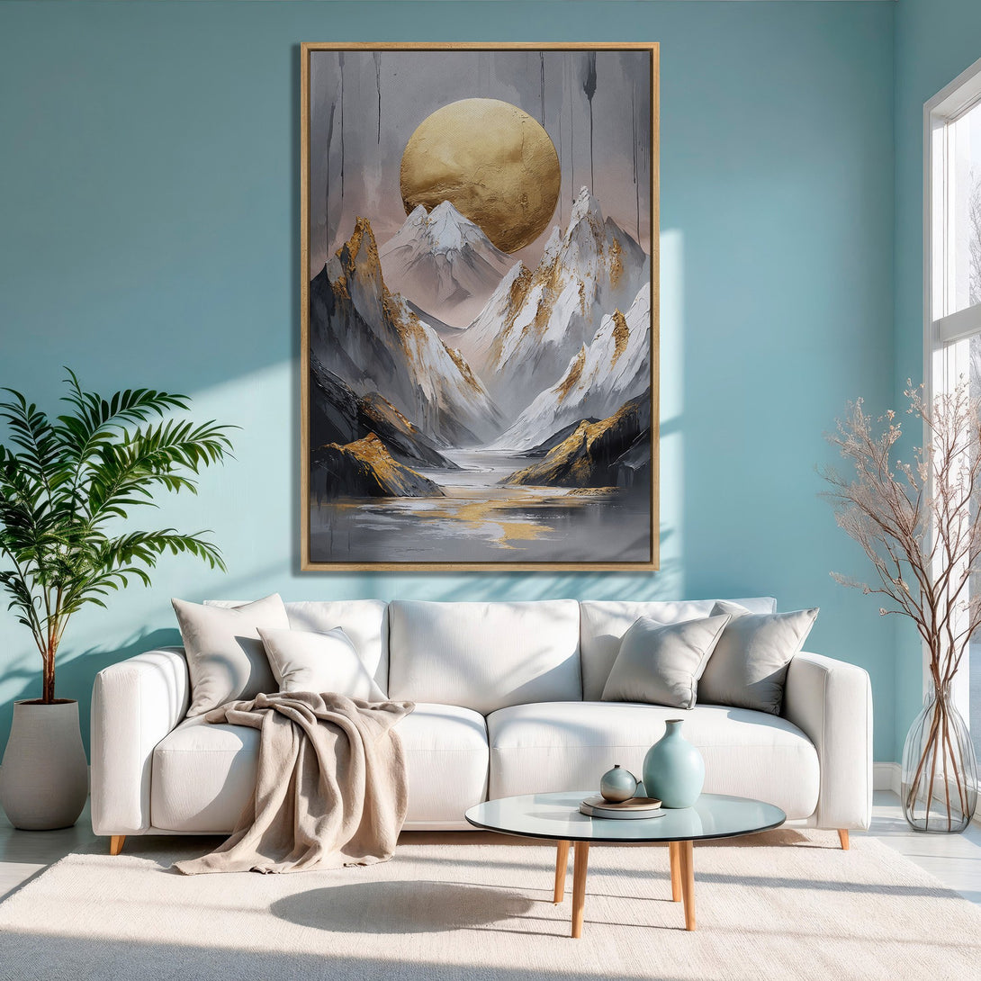 Framed Wall Art: Abstract mountain landscape in gold, gray, and white. Modern art canvas print for a stylish living room.