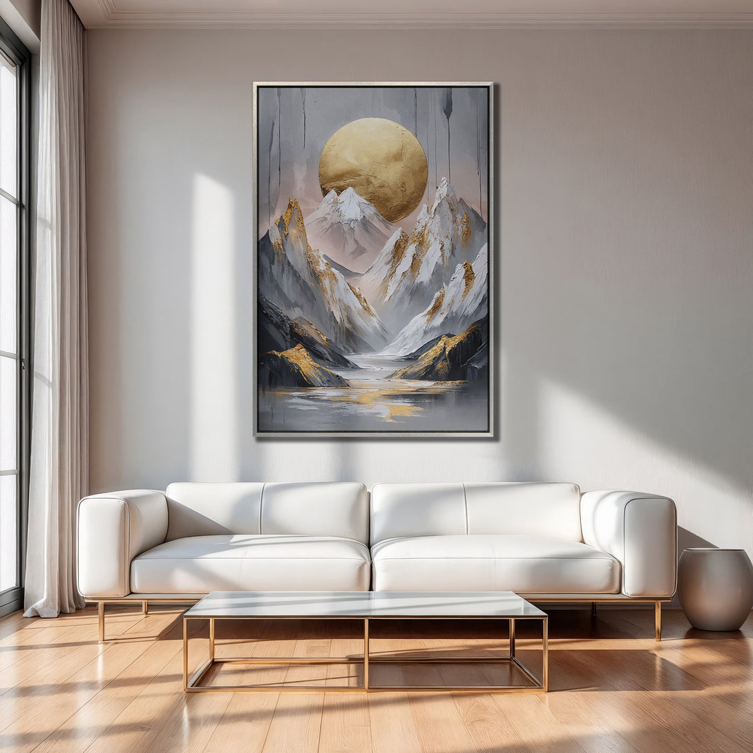 Framed Wall Art featuring a golden sun over mountain landscape. Modern abstract style with gold, gray, and white color palette. Perfect for living room decor.