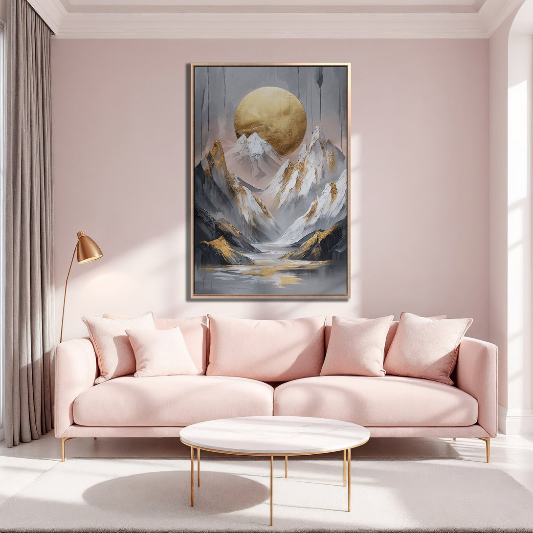 Framed Wall Art: Abstract mountain landscape in gold, gray, and white. Modern art canvas print adds elegance to any interior with a soft pink color palette.