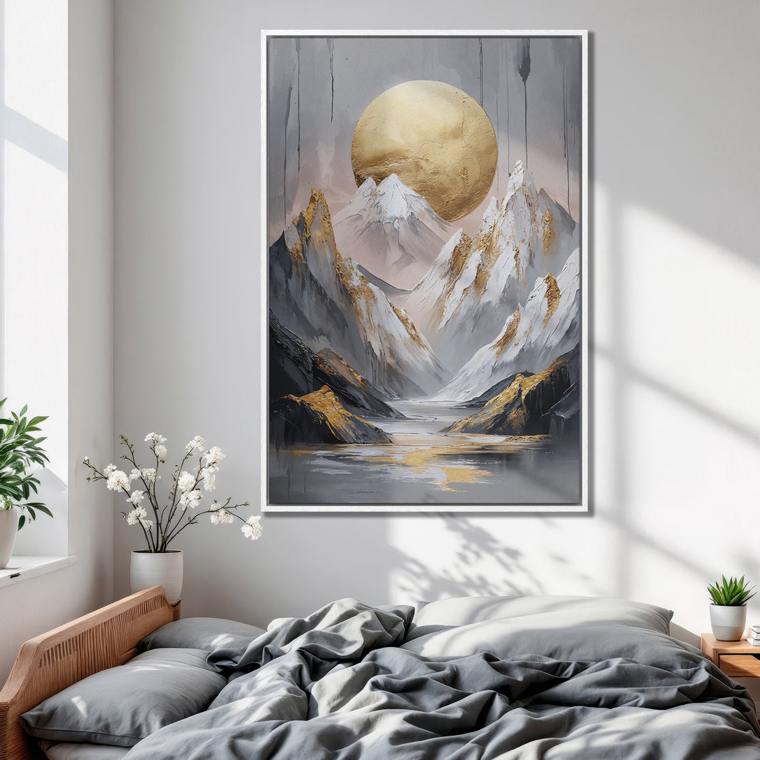 Framed Wall Art: Abstract mountain landscape in neutral tones with gold accents. Modern art print for bedroom decor, creating a serene and stylish space.
