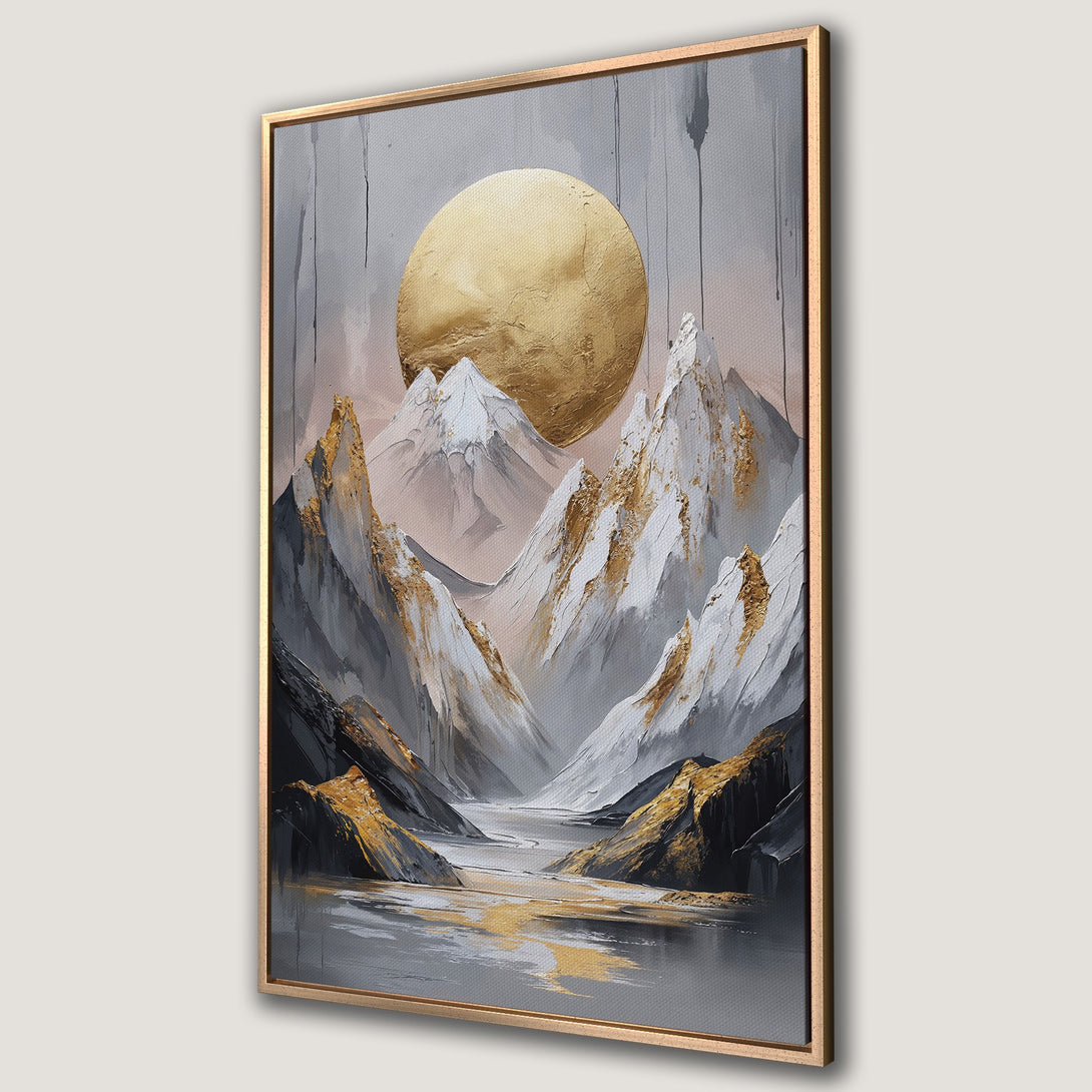 Framed Wall Art: Abstract mountain landscape with gold accents. Modern art in a neutral gray, white, and gold color palette. Elevate your decor!
