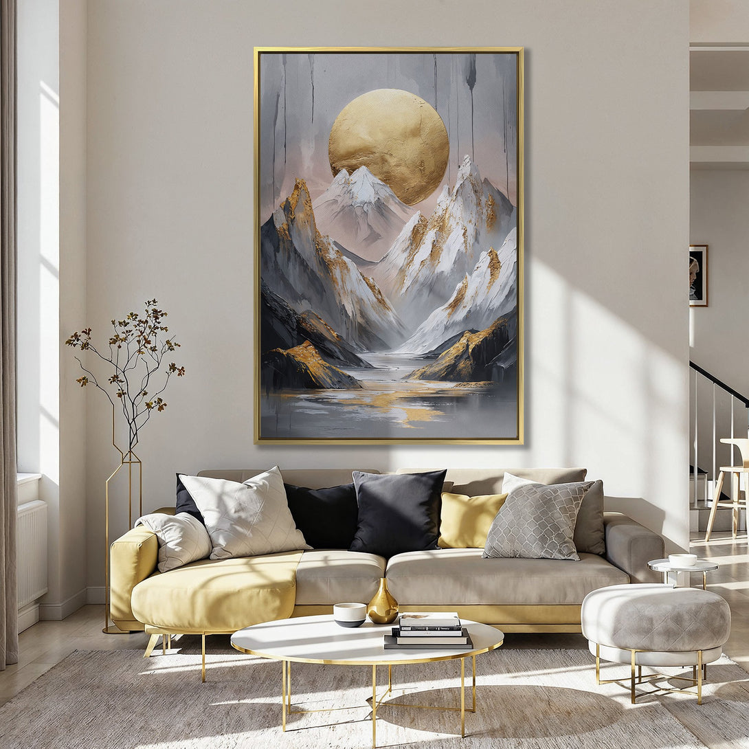 Canvas Print of a mountain landscape with a golden sun, in a neutral and gold color palette, displayed in a kitchen setting.