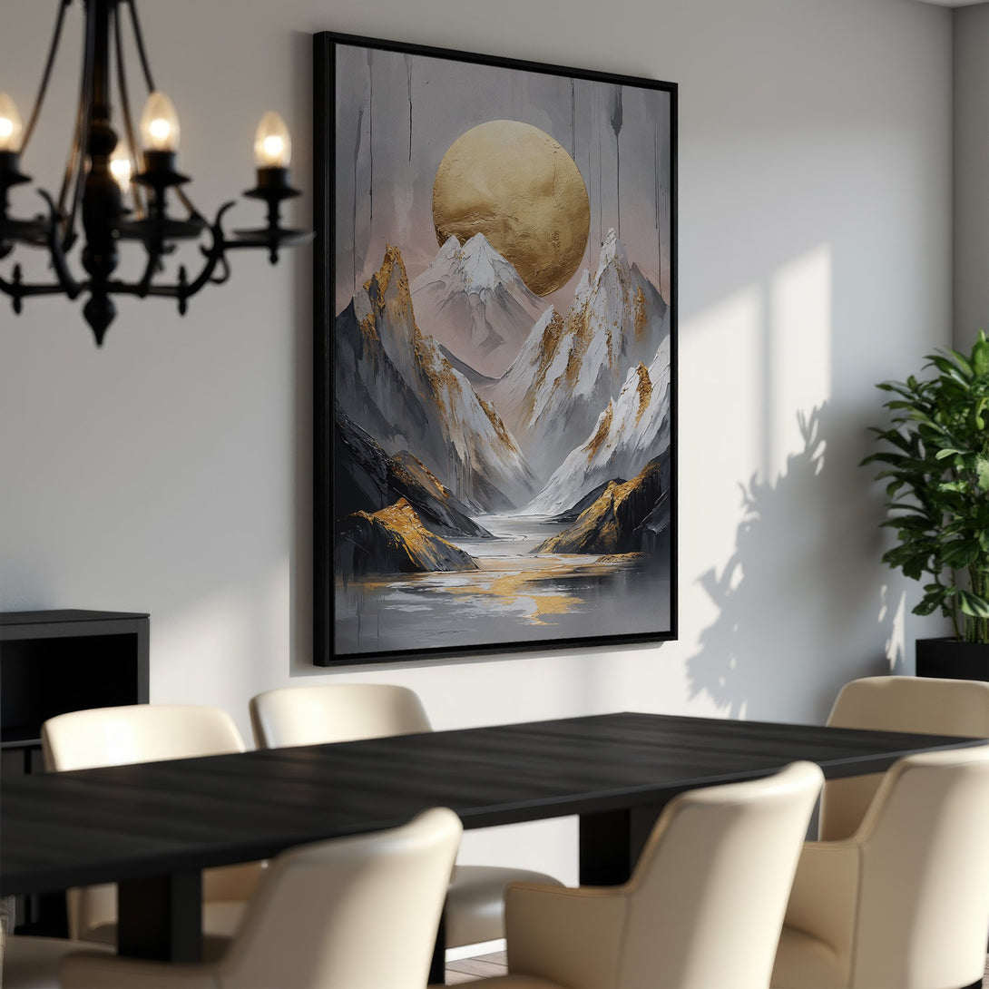 Framed Wall Art: Abstract mountain landscape Canvas Print with gold and gray tones. Modern art for dining room decor.