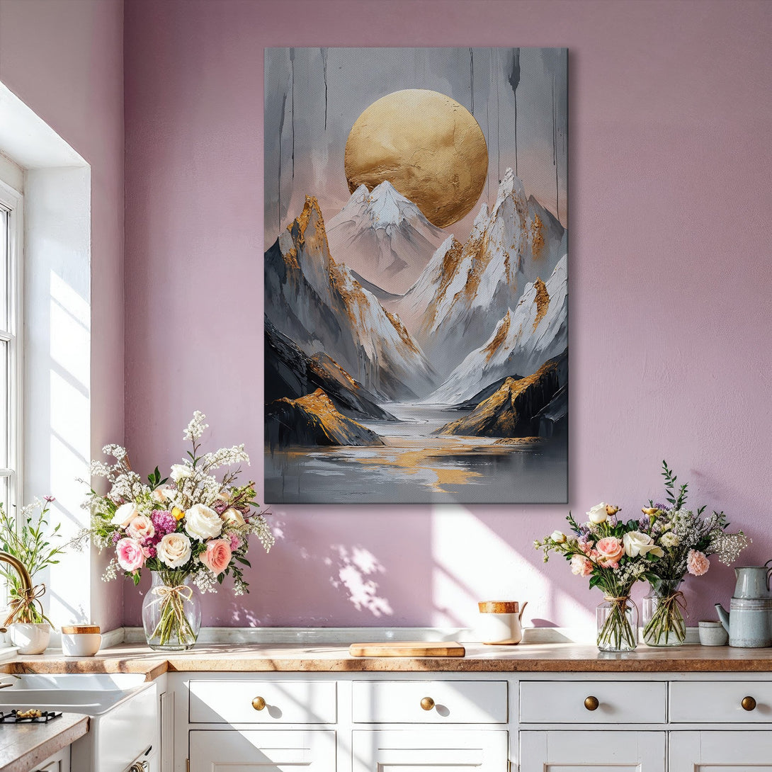Framed Wall Art featuring an abstract mountain landscape with gold accents. Modern art in a neutral gray, white, and gold color palette, perfect for home decor.