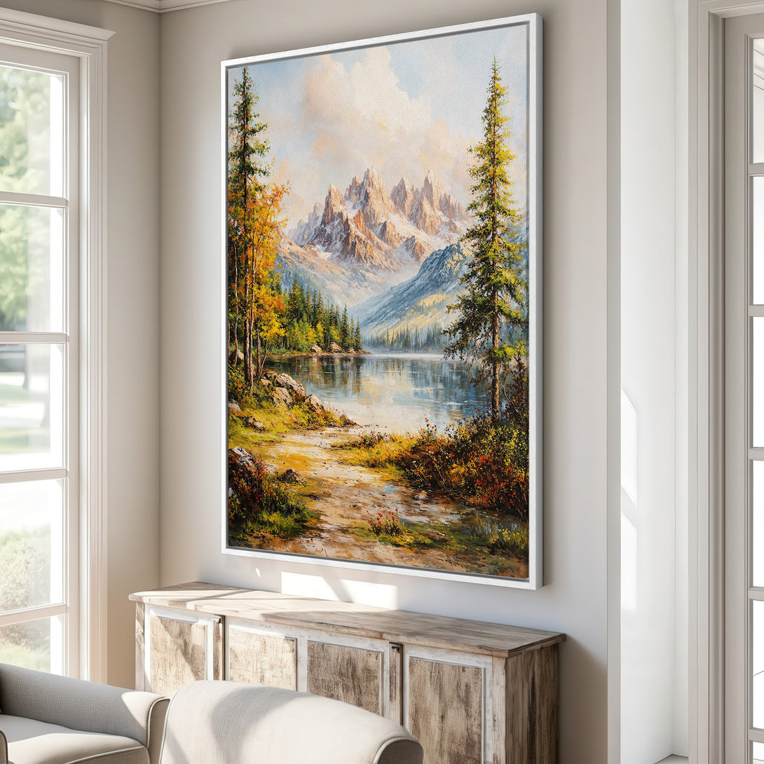Framed Wall Art: Mountain lake landscape Canvas Print in warm tones. Bring nature's beauty indoors with this stunning artwork, perfect for any home decor style.