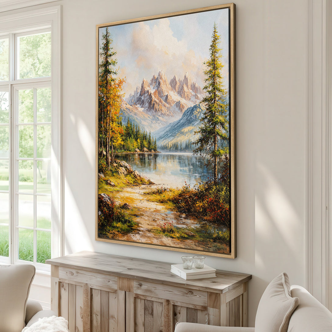 Framed Wall Art: Mountain lake landscape painting in warm, earthy tones. Bring nature's beauty indoors with this stunning canvas print. Perfect for any home!